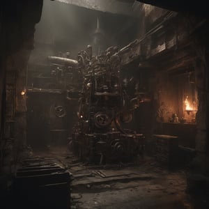 (8K, raw photo, highest quality, Masterpiece: 1.2), a chamber full of steampunk machines made of zombie parts is controlled by demons,(( one stealthy elf sabotaging a small machine)),
the scene happens in a mechanical fortress in hell.