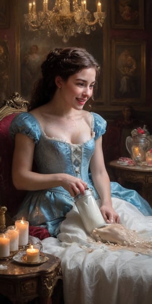 (masterpiece portrayal of one character in intimate action), ((a beautiful young woman spilling milk onto herself)),  spilling, splashing, messy, sloppy, 

full body vibrant illustrations, intricately sculpted, realistic hyper-detailed portraits, queencore, depicts real life, 
the scene happens in a luxurious baroque bedroom, detailed background, illuminated with a thousand candles