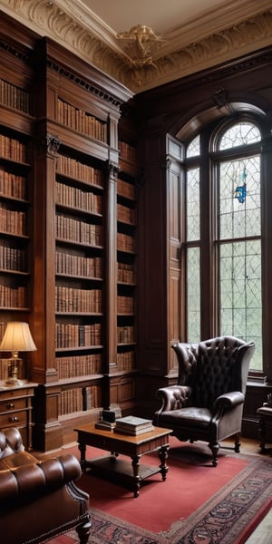 (8K, raw photo, highest quality, Masterpiece: 1.2), A luxurious Victorian library with small windows and huge bookshelves, a large imposing desk, a comfortable chair,
Detailed background denoting high-class, elegance, sophistication, luxury, wealth.
(The scene happens in a luxurious elegant Victorian library),