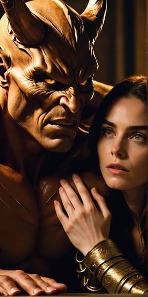 A close-up shot captures the tense moment as she finally meets him. Soft, golden lighting illuminates her anxious expression, highlighting the nervous tremble of her hands as they rest in her lap. Her eyes, bright with anticipation, lock onto his as she takes in his imposing figure. The demon's massive size and intimidating aura are palpable, but her gaze remains fixed on him, a mix of admiration and lust simmering beneath the surface. The air is thick with unspoken desire, contained for so long.