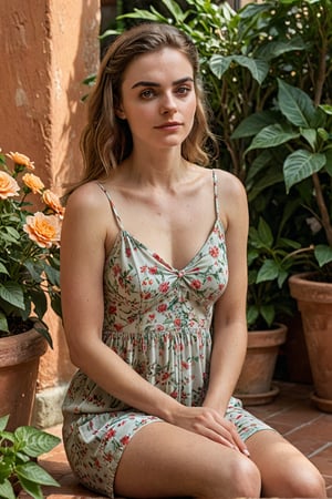 Close-up shot of the hesitant woman sitting with her legs crossed on a picturesque terracotta-tiled patio, surrounded by lush greenery and vibrant flowers. Soft afternoon sunlight casts a warm glow, illuminating her contemplative expression. Her hands rub against each other in a gentle, nervous motion, as she debates whether to take things further with the charming stranger. The camera captures the subtle tension between her eyebrows, a testament to her conflicted emotions. The man's expectant gaze, filled with genuine interest, lingers on her, awaiting her response. Will she reveal her perky round breasts, or maintain the façade of casual friendship?