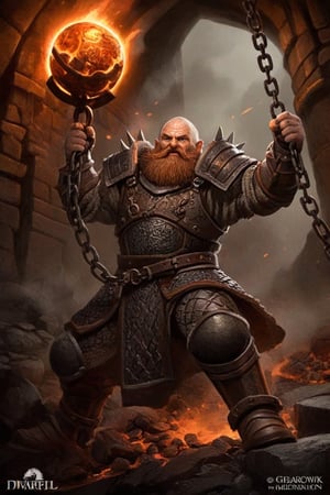 a young dwarf cleric in full plate armor in hell, (((the dwarven cleric charges into battle swinging a medieval flail))). (((his weapon is a chained ball of iron with terrible spikes))), elaborate baroque filigree decoration engraved in the armor with copper and iron filigree, epic action pose, devoted hero ,greg rutkowski