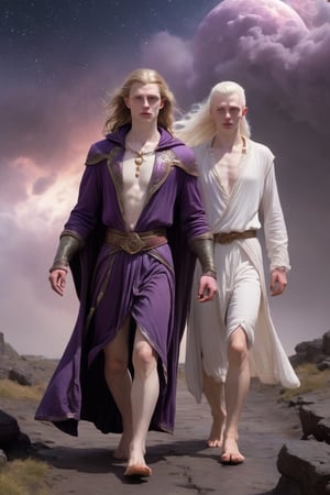 ((fantasy portrait of one man on land and one goddess in heaven)), (((one young male cleric of magic is walking in hell, his pale face in the foreground shows a young manly face, badly shaved and poorly groomed, he is short and skinny, his body is weak and unappealing, his jaded and shabby looks show his high experience, wisdom and hope))), (((the sky is dominated by a motherly goddess, the purple robes of the goddess cover the sky with deep color and shiny stars, her flowing hair and shiny aura fills the sky with dark colors and brilliant diamond stars))), the land is shattered by lava and destruction and skulls and disgrace, the land is hell and the sky is paradise,
,fantasy art