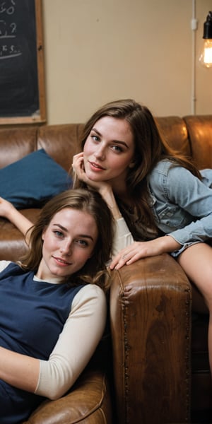 A sultry close-up shot of two young women sitting on a worn, wooden couch in a dimly lit college classroom. The warm glow of a nearby lamp casts an intimate ambiance, highlighting their playful and coy expressions. Oversized cleavages and skinny waists accentuate their petite frames as one woman leans forward, assertively inviting the viewer with a mischievous glint in her eye. Meanwhile, her friend lies prone on the couch, taken by surprise by her companion's advances, her face a mix of eagerness and hesitation.