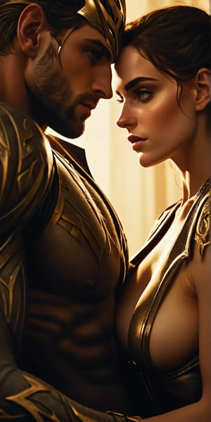 A close-up shot captures the tense moment as she finally meets him. Soft, golden lighting illuminates her anxious expression, highlighting the nervous tremble of her hips as they rest in his lap. Her eyes, bright with anticipation, lock onto his as she takes in his imposing figure. The demon's massive size and intimidating aura are palpable, but her gaze remains fixed on him, a mix of admiration and lust simmering beneath the surface. The air is thick with unspoken desire, contained for so long.