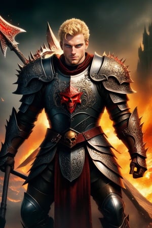 human warrior in full plate mail, short blond hair with military cut, (((his two hands are holding a long sacred halberd with axe ending))), ((((his open helmet shows his handsome face)))), (his face is kind and noble), his armor is red and black with demonic filigree, ((a bright golden red filigree engraves a small demonic skull engraved on the armor's chest)), elaborate baroque horrific decoration and spikes and filigree on the armor,
epic heroic pose in a Mount over hell,GUILD WARS