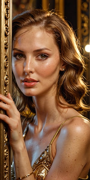 A close-up shot of the young woman's face, her expression a mix of fascination and unease, as she gazes into the mystical mirror. The framing highlights her slender neck and defined jawline. Soft, golden lighting illuminates her features, casting a subtle glow on her skin. In the reflection, the bimbo bombshell strikes a sultry pose, one leg cocked to the side, with a playful wink at the camera. The mystical mirror's ornate frame appears in the background, adorned with ancient runes and mysterious symbols, as if beckoning the viewer into its depths.