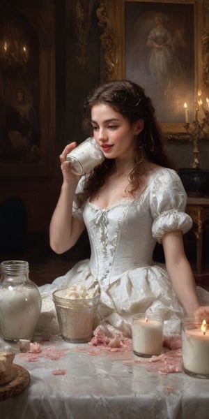 (masterpiece portrayal of one character in intimate action), ((a beautiful young woman spilling milk onto herself)),  spilling, splashing, messy, sloppy, 

full body vibrant illustrations, intricately sculpted, realistic hyper-detailed portraits, queencore, depicts real life, 
the scene happens in a luxurious baroque bedroom, detailed background, illuminated with a thousand candles