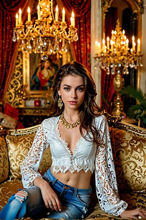 A stunning modern college student, clad in ripped jeans and a graphic tee, stands out among the opulent surroundings of a lavish Baroque boudoir. A sea of sumptuous fabrics, intricate patterns, and delicate lace envelops her as she's suddenly transported to an Arabian harem. Lush beauties in diaphanous garments, adorned with sparkling jewelry, lounge on plush cushions, their eyes fixed on the unexpected newcomer. Soft candlelight casts a warm glow, illuminating the room's ornate details and the student's bewildered expression.