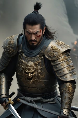 (mid shot view, masterpiece, best quality, highres), a samurai fallen in hell, typical samurai face, he wears a full-plate gray armor, armor decorated with golden 
 engraved griphons and engraved golden skulls and big chains, he wields one long katana and one medieval long sword, demonic cave in hell, heroic pose, epic pose