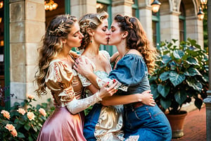 In a soft focus, warm-toned frame, two opposite women embrace in a passionate kiss. one is a Vintage Era Girl, resplendent in her Art Nouveau-inspired finery - flowing curls, vaporous long dress, ornate lace, and gemstone-encrusted jewelry - wraps her arms around a College Student Girl, dressed in colorful modern casual attire: distressed denim miniskirt, a graphic t-shirt, and sneakers. The contrast between their styles is striking as they lose themselves in the intimate moment, rolling over each other amidst lush greenery and warm golden light.