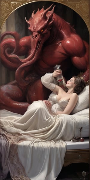 In a lavish Art Nouveau bed, a stunning maiden indulges in forbidden passion with a behemoth demon lying in bed with her. Uneven couple passionate embracing in bed. Her curves are modestly concealed by elegant channel dress. The monstrous creature'slong tongue and lewd lips are dripping crimson blood. her face expreses her overwhelming pleasure and surprise while she fully embraces her own corruption. 