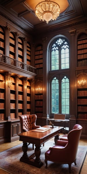 (8K, raw photo, highest quality, Masterpiece: 1.2), A luxurious fairy tales library with small windows and huge bookshelves, a large imposing desk, a comfortable chair,
Detailed background denoting high-class, elegance, sophistication, luxury, wealth.
(The scene happens in a luxurious elegant fairy tales library),