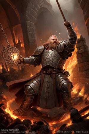 a young dwarf cleric in full plate armor in hell, (((swinging a medieval spiked flail into battle))), elaborate baroque filigree decoration engraved in the armor with copper and iron filigree, epic action pose, devoted hero ,greg rutkowski