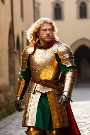 (full-body shot view, masterpiece, best quality, highres), a 35 years old male paladin warrior marching into battle, charismatic appearance, curly blond hair, green eyes, golden full-plate armor with baroque filigree, full-plate armor decorated with elaborated symbols of a sun with shiny rays, he wields one medieval great sword decorated with silver and golden filigree, heroic pose, epic pose, background of a medieval town out of focus