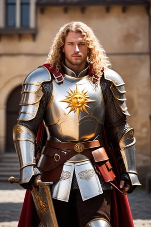 (full-body shot view, masterpiece, best quality, highres), a 35 years old male paladin warrior, he is holding his helmet in one hand and his long sword in the other hand, charismatic appearance, curly blond hair, (curly hair), green eyes, shiny full-plate armor with baroque filigree, the withdrawn helmet suits perfectly the rest of the armor, full-plate armor decorated with a sun in a gear with pointy rays engraved on the chest, he wields one medieval great sword decorated with silver and golden filigree, heroic pose, epic pose, background of a medieval town out of focus