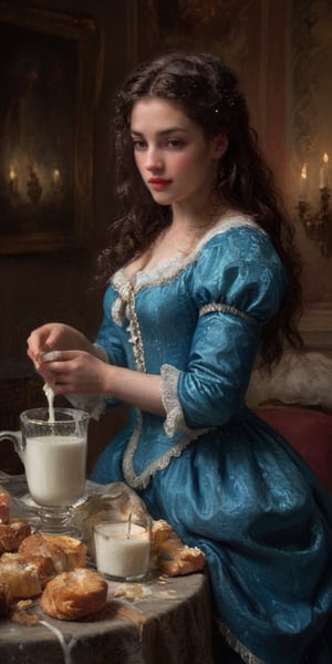 (masterpiece portrayal of one character in intimate action), ((a beautiful young woman spilling milk onto herself)),  spilling, splashing, messy, sloppy, 

full body vibrant illustrations, intricately sculpted, realistic hyper-detailed portraits, queencore, depicts real life, 
the scene happens in a luxurious baroque bedroom, detailed background, illuminated with a thousand candles
