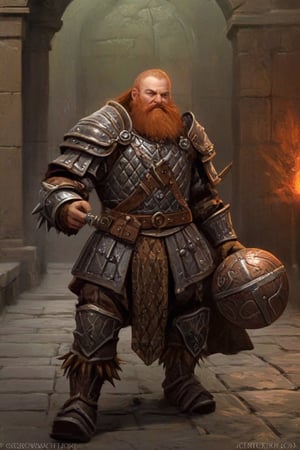 dwarf cleric in full plate armor, (((wielding a single-ball spiked flail))), elaborate baroque filigree decoration engraved in the armor with copper and iron filigree, epic action pose, devoted hero ,greg rutkowski