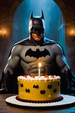 (8K, raw photo, highest quality, Masterpiece: 1.2), distant shot, batman in his darkest batcabe removed his mask to blow the candles of his birthday cake, darkness is a heavy mist of oppression by a system that rejects humanity and dwells in underground hopeless tragedy, papers everywhere, one ray of light illuminated his face and a birthday cake, he is smiling with a small cake, it's his birthday, text "FELIZ_DIA_VITU",
full vibrant illustrations, intricately sculpted, realistic hyper-detailed portraits, queencore, depicts real life,more saturation 