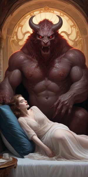 In a lavish Art Nouveau bed, a stunning maiden indulges in forbidden passion with a behemoth demon lying in bed with her. Uneven couple embracing passionately in bed. Her curves are modestly concealed by elegant a sheer translucent tunic. The monstrous creature's long tongue and lewd lips are dripping crimson blood. Her face expreses her overwhelming pleasure and surprise while she fully embraces her dear demon. 