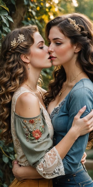 In a soft focus, warm-toned frame, two women embrace in a passionate kiss. Vintage Era Girl, resplendent in her Art Nouveau-inspired finery - flowing curls, ornate lace, and gemstone-encrusted jewelry - wraps her arms around College Student Girl, dressed in modern casual attire: distressed denim, a graphic t-shirt, and sneakers. The contrast between their styles is striking as they lose themselves in the intimate moment, amidst lush greenery and warm golden light.