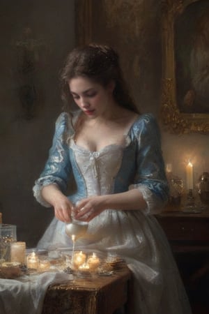(masterpiece portrayal of one character in intimate action), ((a beautiful young woman pouring milk onto herself)),  spilling, splashing, messy, sloppy, 

full body vibrant illustrations, intricately sculpted, realistic hyper-detailed portraits, queencore, depicts real life, 
the scene happens in a luxurious baroque bedroom, detailed background, illuminated with a thousand candles