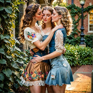 In a soft focus, warm-toned frame, two opposite women embrace in a passionate kiss. one is a Vintage Era Girl, resplendent in her Art Nouveau-inspired finery - flowing curls, vaporous long dress, ornate lace, and gemstone-encrusted jewelry - wraps her arms around a College Student Girl, dressed in colorful modern casual attire: distressed denim miniskirt, a graphic t-shirt, and sneakers. The contrast between their styles is striking as they lose themselves in the intimate moment, rolling over each other amidst lush greenery and warm golden light.