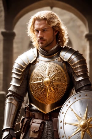 (full-body shot view, masterpiece, best quality, highres), a 35 years old male paladin warrior,  (holding his helmet in one hand and one sword in the other hand), charismatic appearance, strong virile features, (curly blond hair), green eyes, shiny full-plate armor with baroque filigree, the withdrawn helmet suits perfectly the rest of the full-plate armor, ((a schematic sun and a gear with pointy rays is engraved on the chest)), ((he wields one medieval great sword decorated with silver and golden filigree))), heroic pose, epic pose, background of a medieval town out of focus