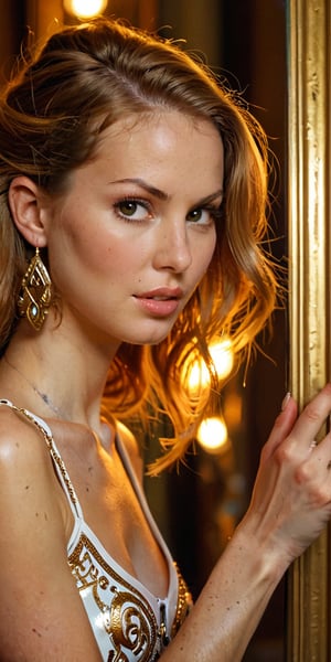 A close-up shot of the young woman's face, her expression a mix of fascination and unease, as she gazes into the mystical mirror. The framing highlights her slender neck and defined jawline. Soft, golden lighting illuminates her features, casting a subtle glow on her skin. In the reflection, the bimbo bombshell strikes a sultry pose, one leg cocked to the side, with a playful wink at the camera. The mystical mirror's ornate frame appears in the background, adorned with ancient runes and mysterious symbols, as if beckoning the viewer into its depths.