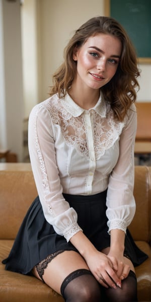A sultry close-up shot of a young woman sitting on a couch in a college classroom, with a playful and coy expression. undone blouse, skinny waist, small frame,petite built. She's wearing a flying skirt that rises slightly as she casually raises one leg, revealing the lace trim of luscious thigh-highs. The camera captures her innocent smile, leaving the viewer wondering if she's aware of her own sensuality or just being playful. Soft, natural lighting illuminates her features, with a shallow depth of field blurring the background to emphasize her face and legs. The composition focuses on her legs and upper body, drawing attention to the subtle sexuality of the scene.