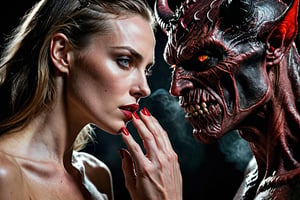 A hyper-realistic composition captures the tense moment as she finally meets her hideous demonic lover. Intense lighting illuminates her sultry body and anxious expression, highlighting the nervous tremble of her hands as she bites her own lip. Her eyes, bright with anticipation, lock onto his as she takes in his imposing figure. The demon's massive size and intimidating aura are palpable, but her gaze remains fixed on him, a mix of admiration and lust simmering beneath the surface. The air is thick with unspoken desire, contained for so long.