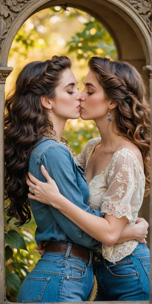 In a soft focus, warm-toned frame, two opposite women embrace in a passionate kiss. one is a Vintage Era Girl, resplendent in her Art Nouveau-inspired finery - flowing curls, ornate lace, and gemstone-encrusted jewelry - wraps her arms around a College Student Girl, dressed in colorful modern casual attire: distressed denim, a graphic t-shirt, and sneakers. The contrast between their styles is striking as they lose themselves in the intimate moment, rolling over each other amidst lush greenery and warm golden light.