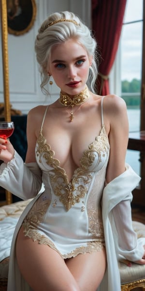 (8K, raw photo, highest quality, Masterpiece: 1.2), one wealthy sexy beautiful 18 years old white-haired girl drinking a magic potion, ((seducing the viewer)), opens her crimson jacket, (holding crimson jacket's flaps open to show off her full body), raising a knee, high heels, (((frail body modestly covered by a sheer white tunic with gold filigree embroidery))), peachy fuzz ,classic chignon or French twist updo exude sophistication and grace, (youth freckles:0.75), gold choker,excited, seductive smirk,
the scene happens in a magical arturian lake, better photography,seethrough big breasts, piercing sky-blue eyes,