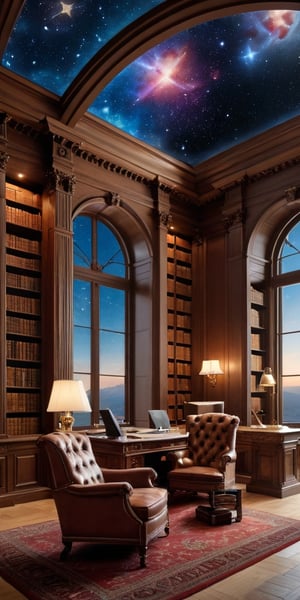 (8K, raw photo, highest quality, Masterpiece: 1.2), A luxurious celestial library with small windows and huge bookshelves, a large imposing desk, a comfortable chair,
Detailed background denoting high-class, elegance, sophistication, luxury, wealth.
(The scene happens in a luxurious elegant celestial library),