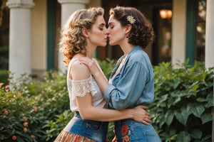 In a soft focus, warm-toned frame, two opposite women embrace in a passionate kiss. one is a Vintage Era Girl, resplendent in her Art Nouveau-inspired finery - flowing curls, ornate lace, and gemstone-encrusted jewelry - wraps her arms around a College Student Girl, dressed in colorful modern casual attire: distressed denim miniskirt, a graphic t-shirt, and sneakers. The contrast between their styles is striking as they lose themselves in the intimate moment, rolling over each other amidst lush greenery and warm golden light.