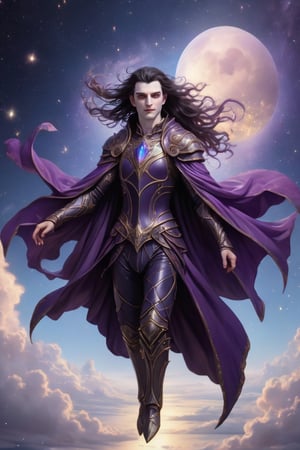 ((fantasy portrait of a surreal goddess in heaven)), ((one male cleric of magic in leather armor is walking in hell, his pale face in the foreground shows a young manly face, short black hair, badly shaved, short black beard, poorly groomed, he is short and skinny, his body is weak and unappealing, his jaded and shabby looks show his high experience, wisdom and hope)), ((((the face of a motherly goddess floats in the sky, her purple robes fades cover the sky with deep color and shiny stars, her flowing hair and shiny aura fills the sky with dark colors and brilliant diamond stars)))), the land is shattered by lava and destruction and skulls and disgrace, the land is hell and the sky is paradise,
,fantasy art