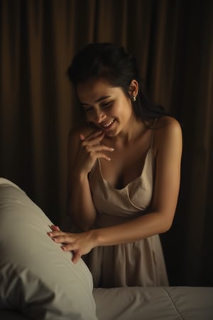 Soft focus captures the vulnerability of a woman standing near the edge of a plush bed, hesitant to reveal herself fully. She gazes downward, her hands instinctively covering her modesty as if shielding herself from potential judgment. The dimly lit room casts a warm glow on her features, accentuating the subtle curves and angles of her face. Her happiness radiates through her smile, hinting at a sense of liberation in this private space. Will his eyes linger on her imperfections or find beauty in her authenticity?