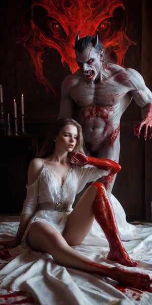 Standing sultry scene. A serene morning casts sunshine glow on the luxurious boudoir as a stunning young woman reclines bending over in front of a grotesque, gargantuan demon with fangs dripping blood.  The demon's hideous features are juxtaposed with the woman's radiant beauty, her translucent white tunic shimmering in harmony with the luminescent embroidery that adorns it. As she kisses the demon's blood-stained lap, he tenderly caresses her skin and licks the blood from her face with his forked tongue. The thirst for blood of the demon blurs with the lust shared by the odd couple. The air is filled with the sweet scent of lavish luxury and senses empowerement as the demon's massive form supports her delicate frame, creating a surreal, yet captivating scene around her hourglass figure and oversized cleavage.