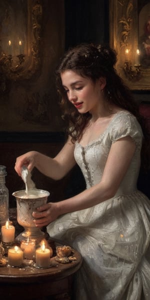 (masterpiece portrayal of one character in intimate action), ((a beautiful young woman spilling milk onto herself)),  spilling, splashing, messy, sloppy, 

full body vibrant illustrations, intricately sculpted, realistic hyper-detailed portraits, queencore, depicts real life, 
the scene happens in a luxurious baroque bedroom, detailed background, illuminated with a thousand candles