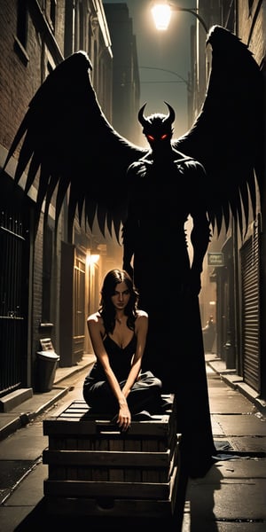 A dimly lit alleyway, the air thick with tension. She sits on a worn crate, her hands clasped together in a nervous grasp, as he emerges from the shadows. His imposing figure looms before her, the demon's massive wings casting an eerie silhouette against the flickering streetlights. Her eyes, aglow with a mix of trepidation and longing, drink in his intimidating presence, her contained lust simmering just beneath the surface like a cauldron about to boil over.