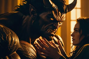 A close-up shot captures the tense moment as she finally meets him. Soft, golden lighting illuminates her anxious expression, highlighting the nervous tremble of her hands as they rest in her lap. Her eyes, bright with anticipation, lock onto his as she takes in his imposing figure. The demon's massive size and intimidating aura are palpable, but her gaze remains fixed on him, a mix of admiration and lust simmering beneath the surface. The air is thick with unspoken desire, contained for so long.