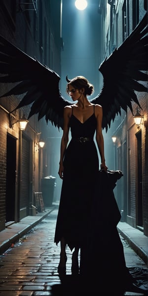 A dimly lit alleyway, the air thick with tension. She sits on a worn crate, her hands clasped together in a nervous grasp, as he emerges from the shadows. His imposing figure looms before her, the demon's massive wings casting an eerie silhouette against the flickering streetlights. Her eyes, aglow with a mix of trepidation and longing, drink in his intimidating presence, her contained lust simmering just beneath the surface like a cauldron about to boil over.