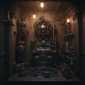 (8K, raw photo, highest quality, Masterpiece: 1.2), a chamber full of steampunk machines made of zombie parts is controlled by demons,(( one stealthy elf sabotaging a small machine)),
the scene happens in a mechanical fortress in hell.