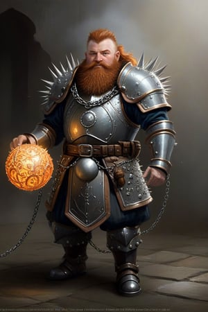 dwarf cleric in full plate armor, (((his weapon has a short chain attached to a spiked ball of hot iron hanging))), elaborate baroque filigree decoration engraved in the armor with copper and iron filigree, epic action pose, devoted hero ,greg rutkowski