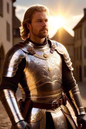 (full-body shot view, masterpiece, best quality, highres), a 35 years old male paladin warrior,  (holding his helmet in one hand), charismatic appearance, strong virile features, curly blond hair, green eyes, shiny full-plate armor with baroque filigree, the withdrawn helmet suits perfectly the rest of the armor, full-plate armor decorated, (((a sun with shiny rays is engraved on the chest))), ((he wields one medieval great sword decorated with silver and golden filigree))), heroic pose, epic pose, background of a medieval town out of focus