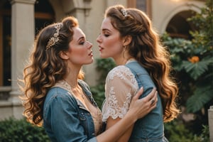 In a soft focus, warm-toned frame, two women embrace in a passionate kiss. Vintage Era Girl, resplendent in her Art Nouveau-inspired finery - flowing curls, ornate lace, and gemstone-encrusted jewelry - wraps her arms around College Student Girl, dressed in modern casual attire: distressed denim, a graphic t-shirt, and sneakers. The contrast between their styles is striking as they lose themselves in the intimate moment, amidst lush greenery and warm golden light.