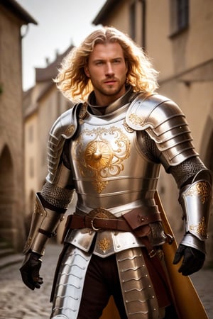(full-body shot view, masterpiece, best quality, highres), a 35 years old male paladin warrior marching into battle, charismatic appearance, curly blond hair, green eyes, shiny full-plate armor with baroque filigree, full-plate armor decorated with a sun with shiny rays engraved on the chest, he wields one medieval great sword decorated with silver and golden filigree, heroic pose, epic pose, background of a medieval town out of focus
