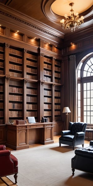 (8K, raw photo, highest quality, Masterpiece: 1.2), A luxurious Hampton library with small windows and huge bookshelves, a large imposing desk, a comfortable chair,
Detailed background denoting high-class, elegance, sophistication, luxury, wealth.
(The scene happens in a luxurious elegant Hampton library),