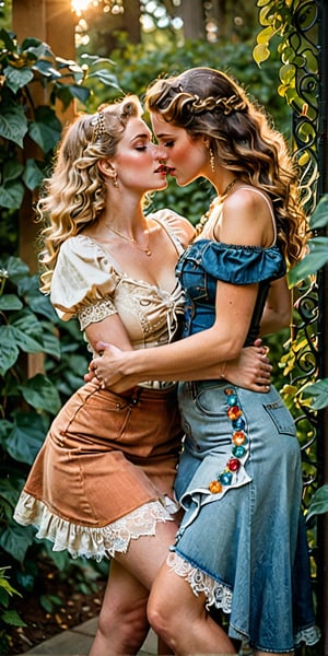 In a soft focus, warm-toned frame, two opposite women embrace in a passionate kiss. one is a Vintage Era Girl, resplendent in her Art Nouveau-inspired finery - flowing curls, vaporous long dress, ornate lace, and gemstone-encrusted jewelry - wraps her arms around a College Student Girl, dressed in colorful modern casual attire: distressed denim miniskirt, a graphic t-shirt, and sneakers. The contrast between their styles is striking as they lose themselves in the intimate moment, rolling over each other amidst lush greenery and warm golden light.