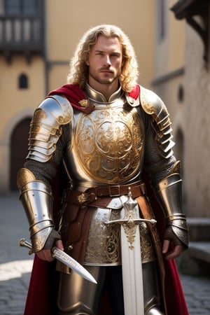 (full-body shot view, masterpiece, best quality, highres), a 35 years old male paladin warrior holding his helmet, charismatic appearance, curly blond hair, green eyes, shiny full-plate armor with baroque filigree, the withdrawn helmet suits perfectly the rest of the armor, full-plate armor decorated with a sun with shiny rays engraved on the chest, ((he wields one medieval long sword decorated with silver and golden filigree in his right hand)), heroic pose, epic pose, background of a medieval town out of focus